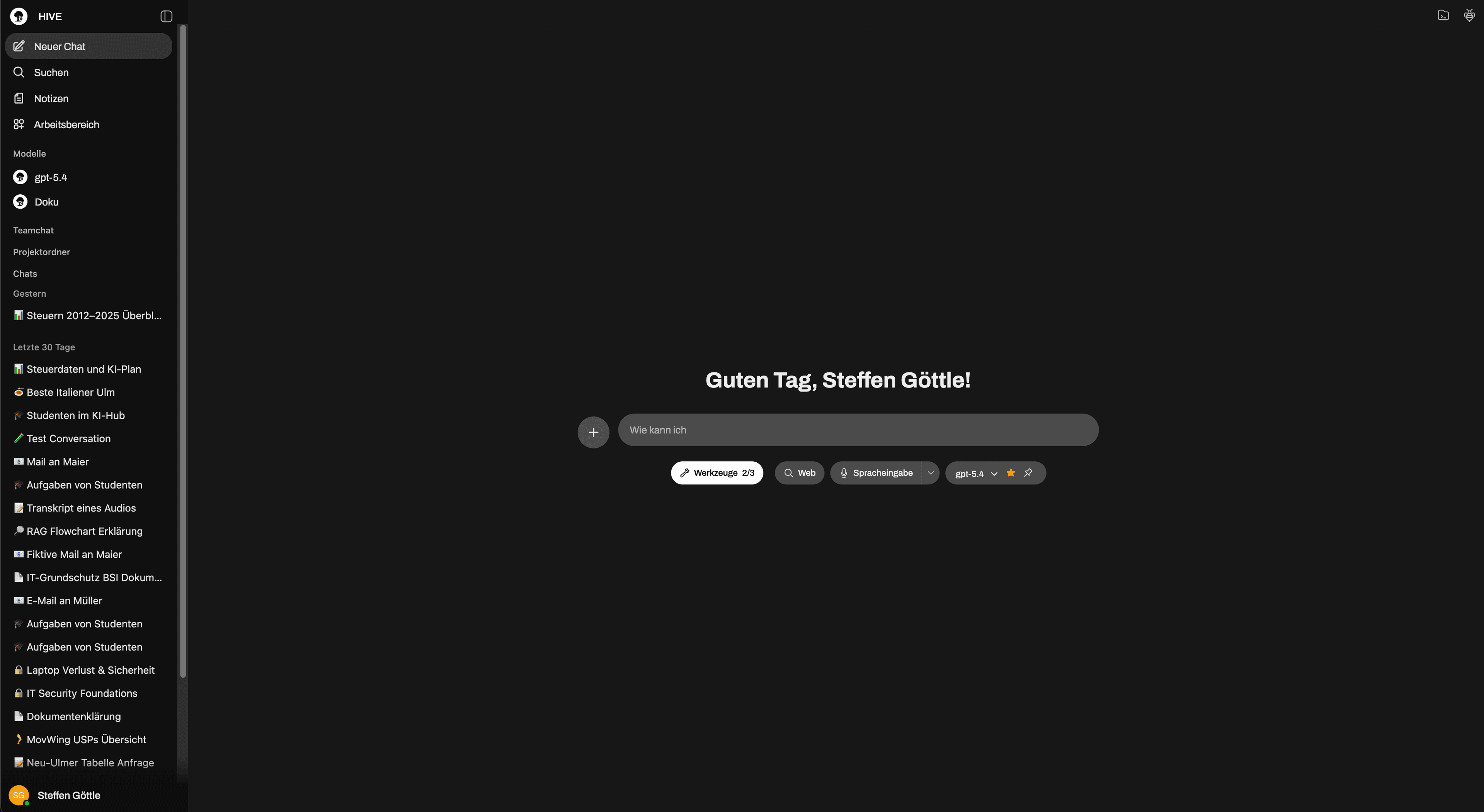 HIVE Oberfläche in der primären Darstellung